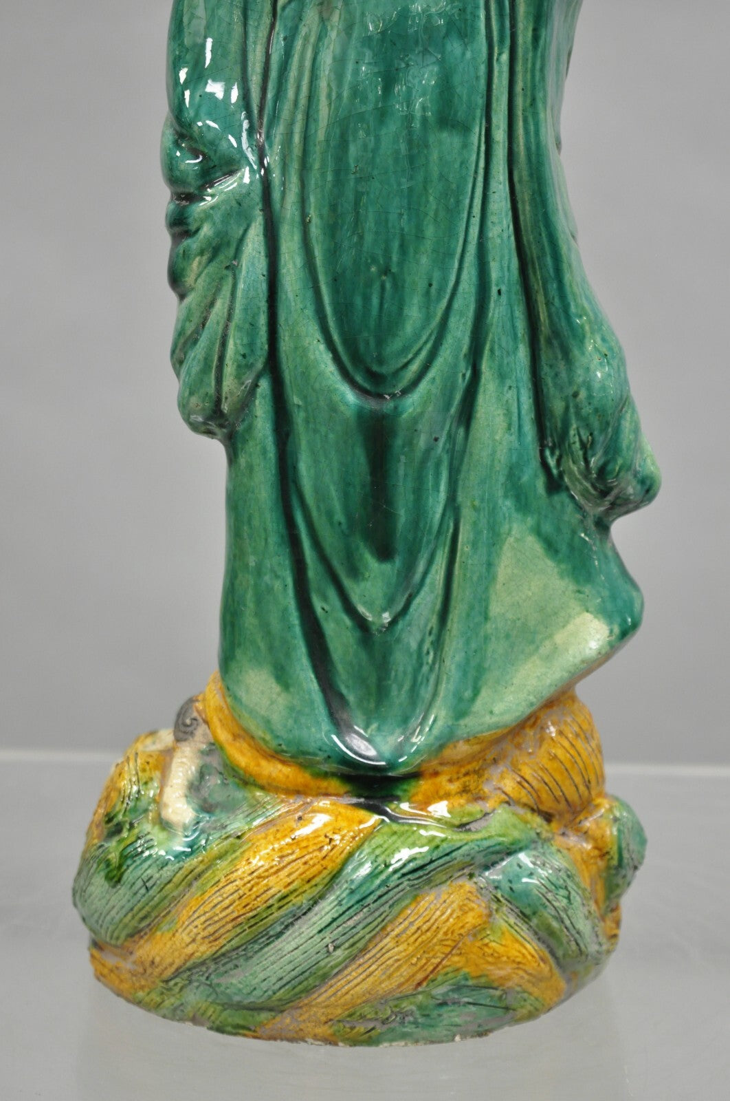 Antique Chinese Green Sancai Glazed Pottery 21" Guanyin Sculpture Figure