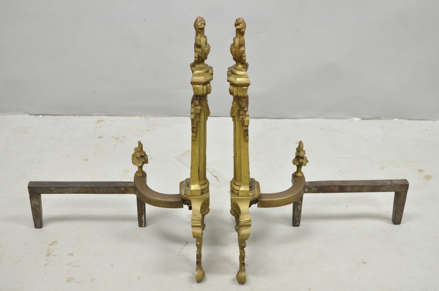 Antique French Empire Style Bronze Corinthian Column Fireplace Andirons - a Pair