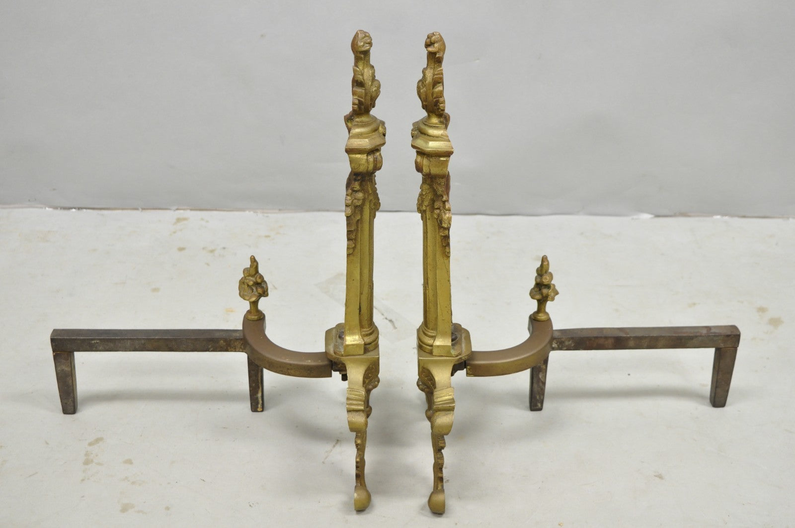 Antique French Empire Style Bronze Corinthian Column Fireplace Andirons - a Pair
