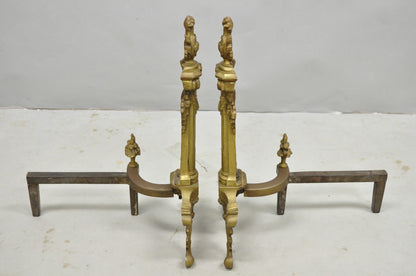 Antique French Empire Style Bronze Corinthian Column Fireplace Andirons - a Pair