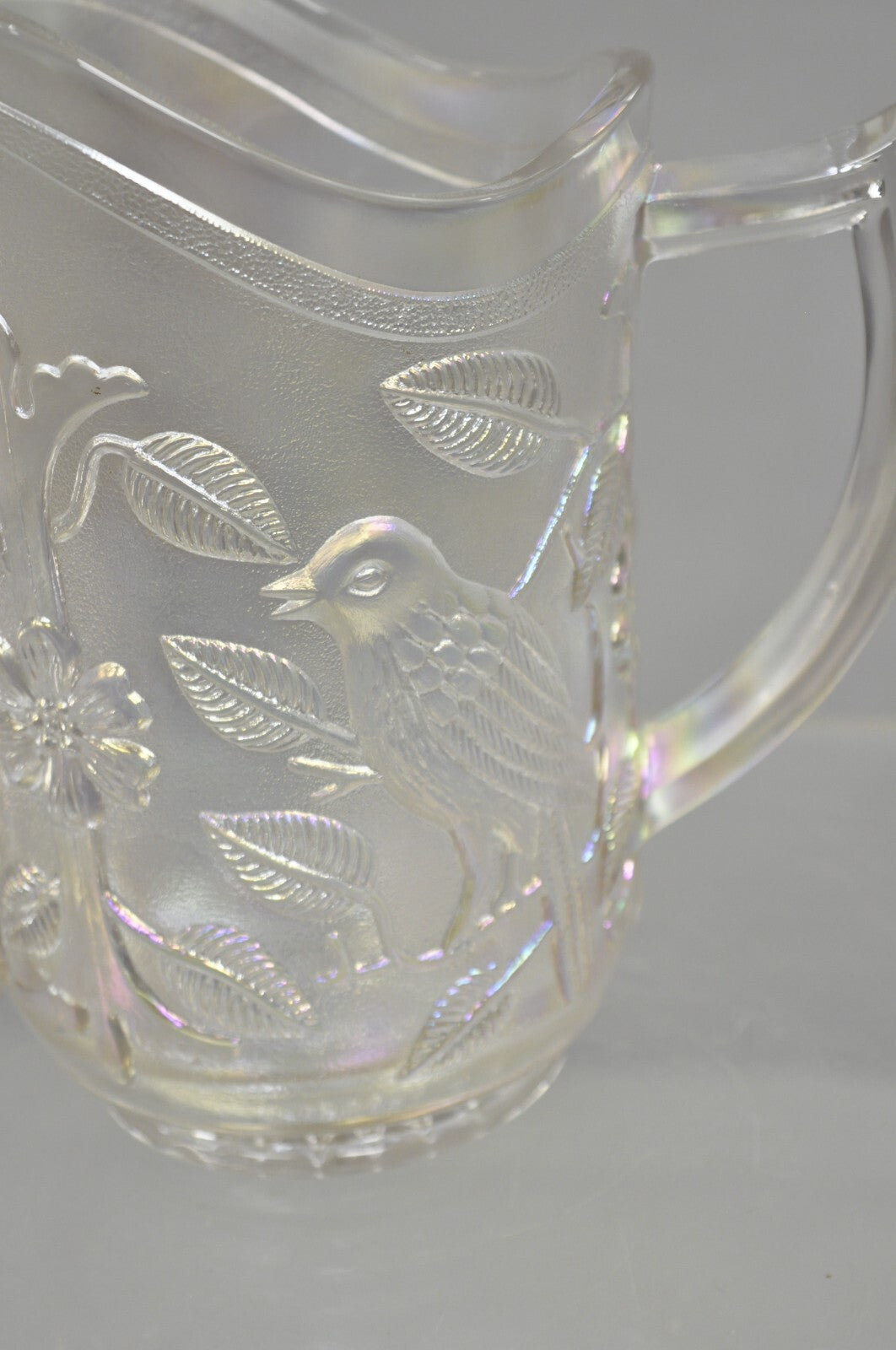 Vintage Imperial Carnival Glass Iridescent Frosty White Robins & Flowers Pitcher