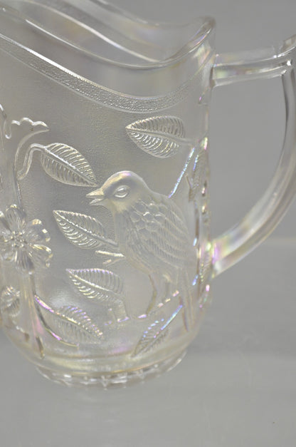 Vintage Imperial Carnival Glass Iridescent Frosty White Robins & Flowers Pitcher