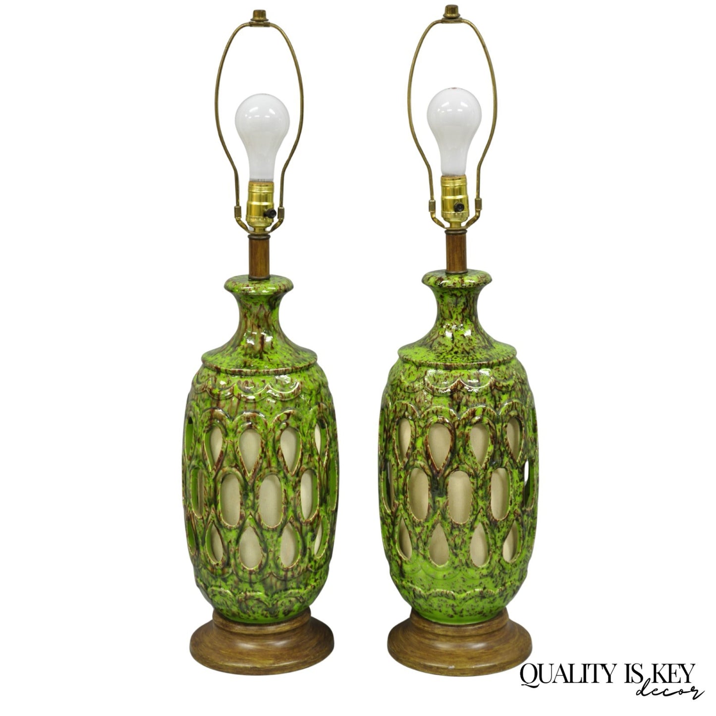 Vintage Mid Century Modern Green Lava Glazed Ceramic Pierced Table Lamps - Pair