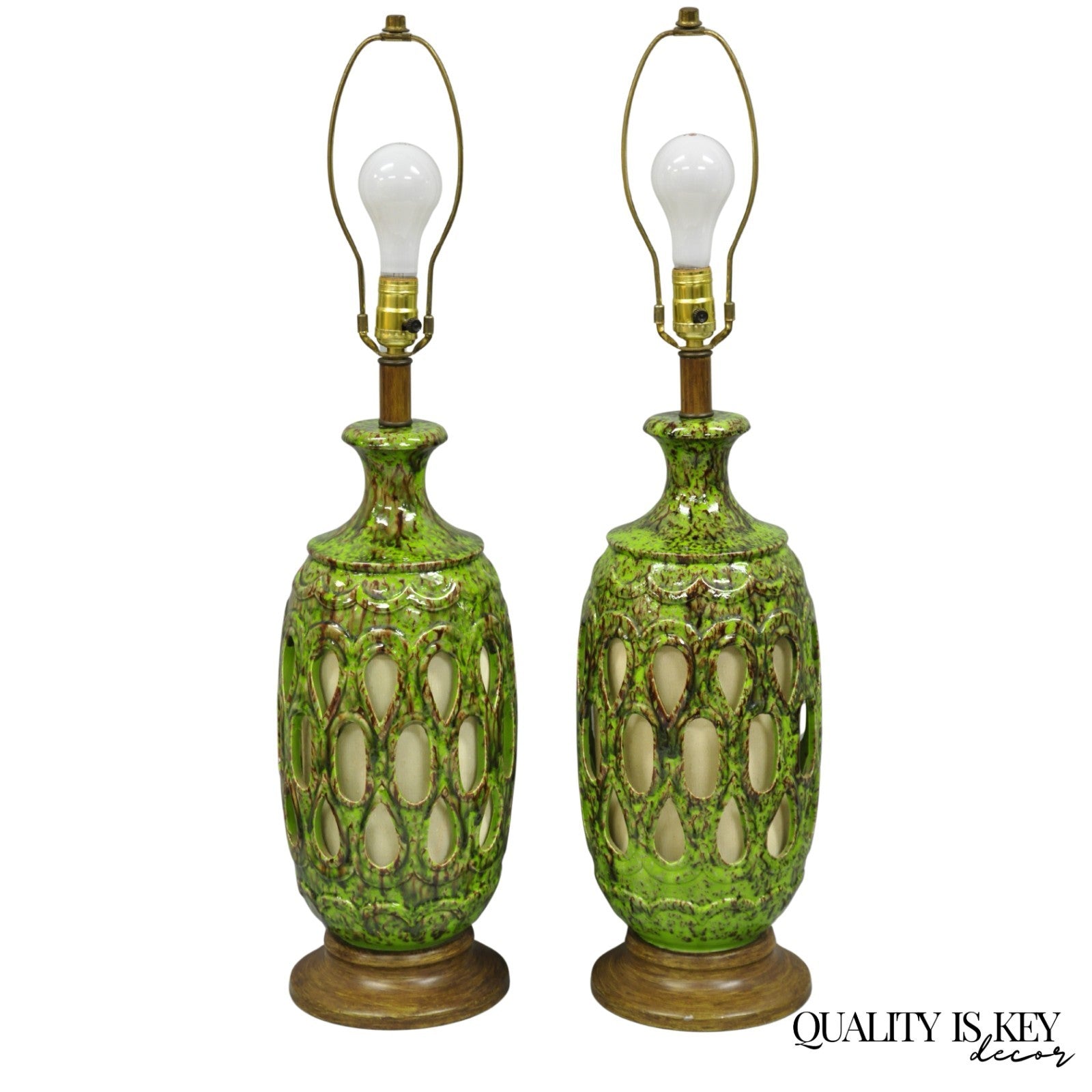 Vintage Mid Century Modern Green Lava Glazed Ceramic Pierced Table Lamps - Pair