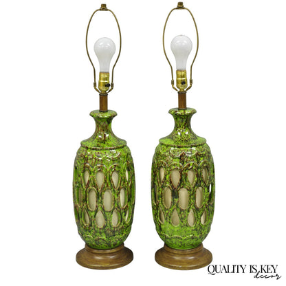 Vintage Mid Century Modern Green Lava Glazed Ceramic Pierced Table Lamps - Pair