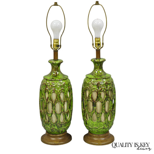 Vintage Mid Century Modern Green Lava Glazed Ceramic Pierced Table Lamps - Pair