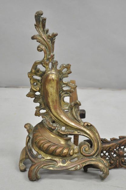 Antique French Louis XV Patinated Brass Bronze Small Fireplace Andirons & Fender