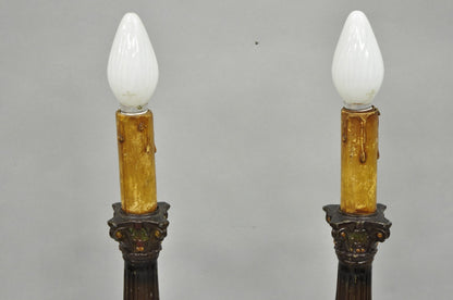 Antique French Empire Brown Painted Column Small Metal Table Lamps - a Pair