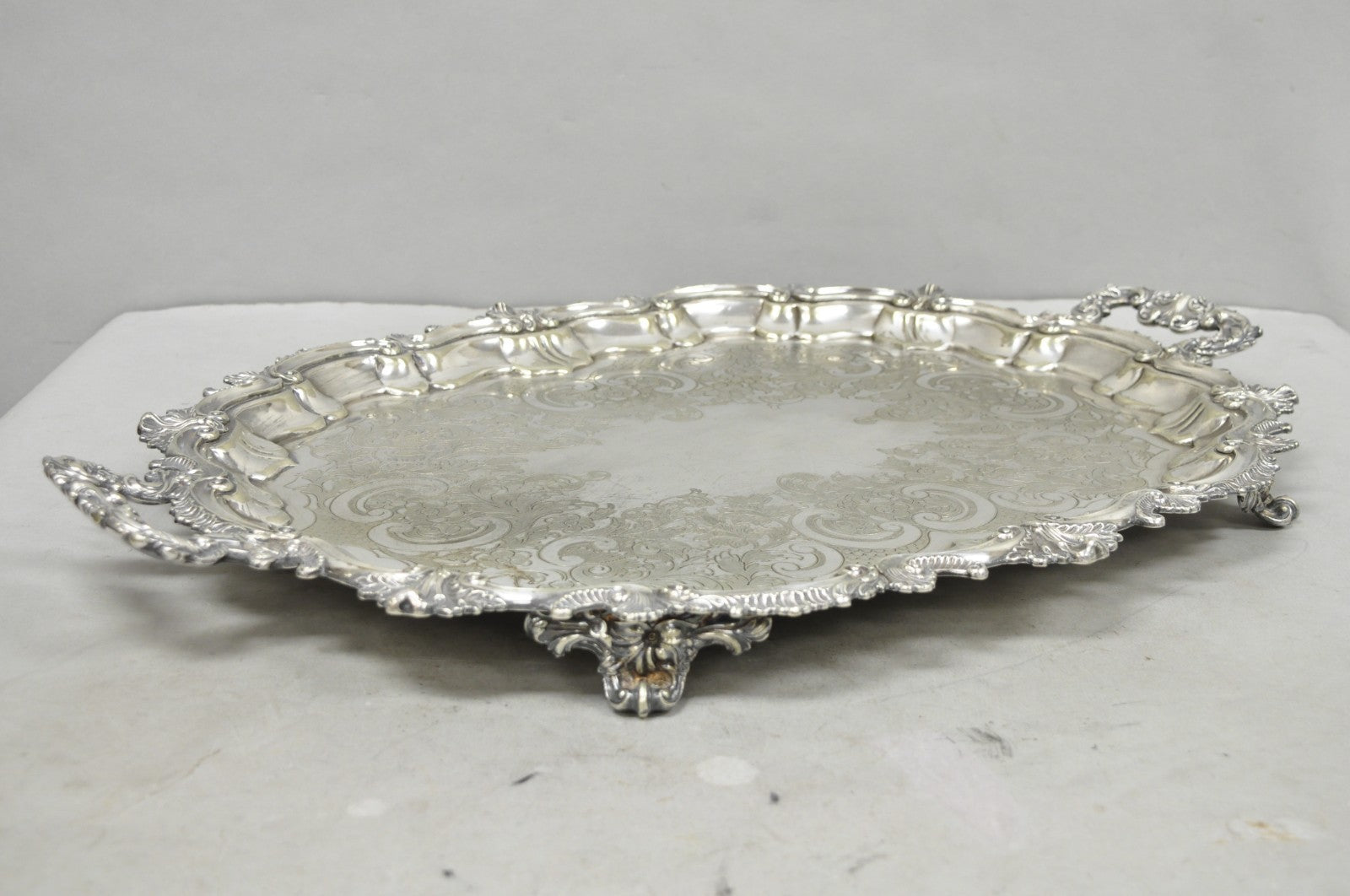 Antique Gorham English Victorian Silver Plated Scalloped Serving Platter Tray