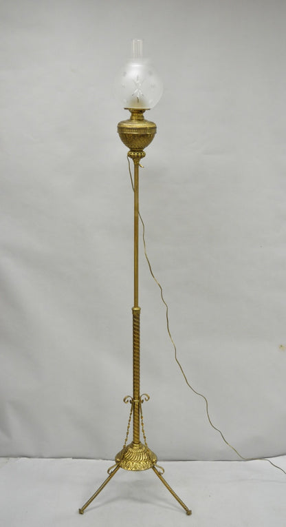 Antique Victorian Adjustable Height Brass Converted Oil Lamp Piano Floor Lamp