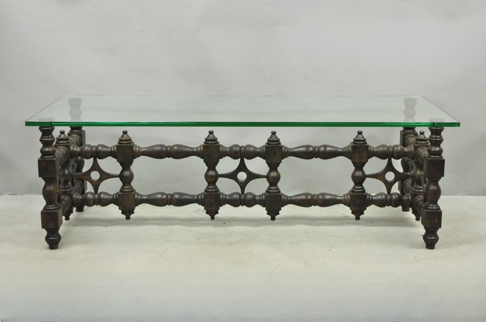 Vintage Gothic Renaissance Wooden Fretwork Rectangular Glass Top Coffee Table