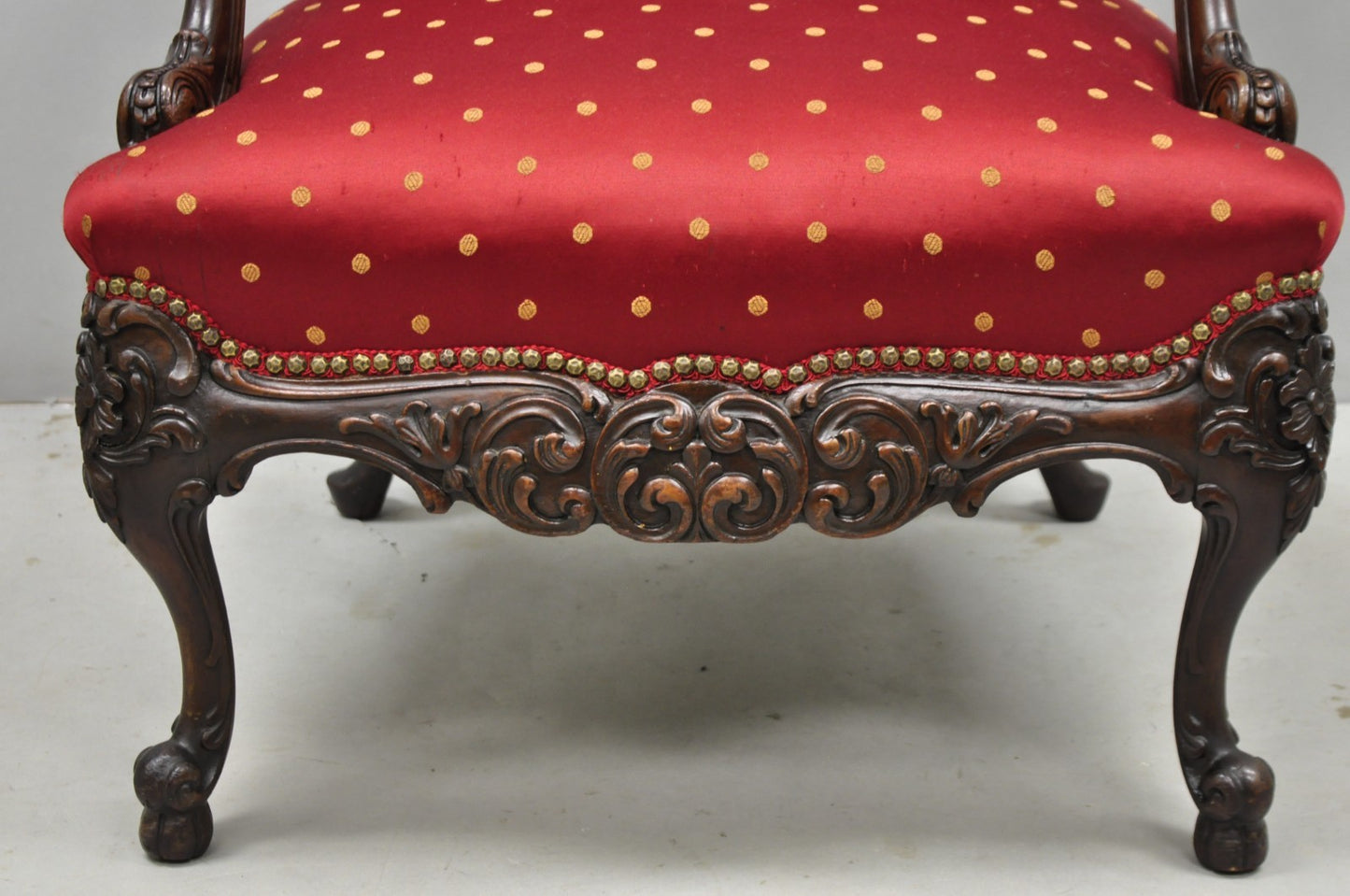 Antique English Georgian Style Carved Mahogany Red Library Lounge Arm Chair