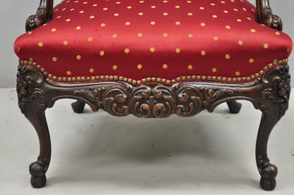 Antique English Georgian Style Carved Mahogany Red Library Lounge Arm Chair
