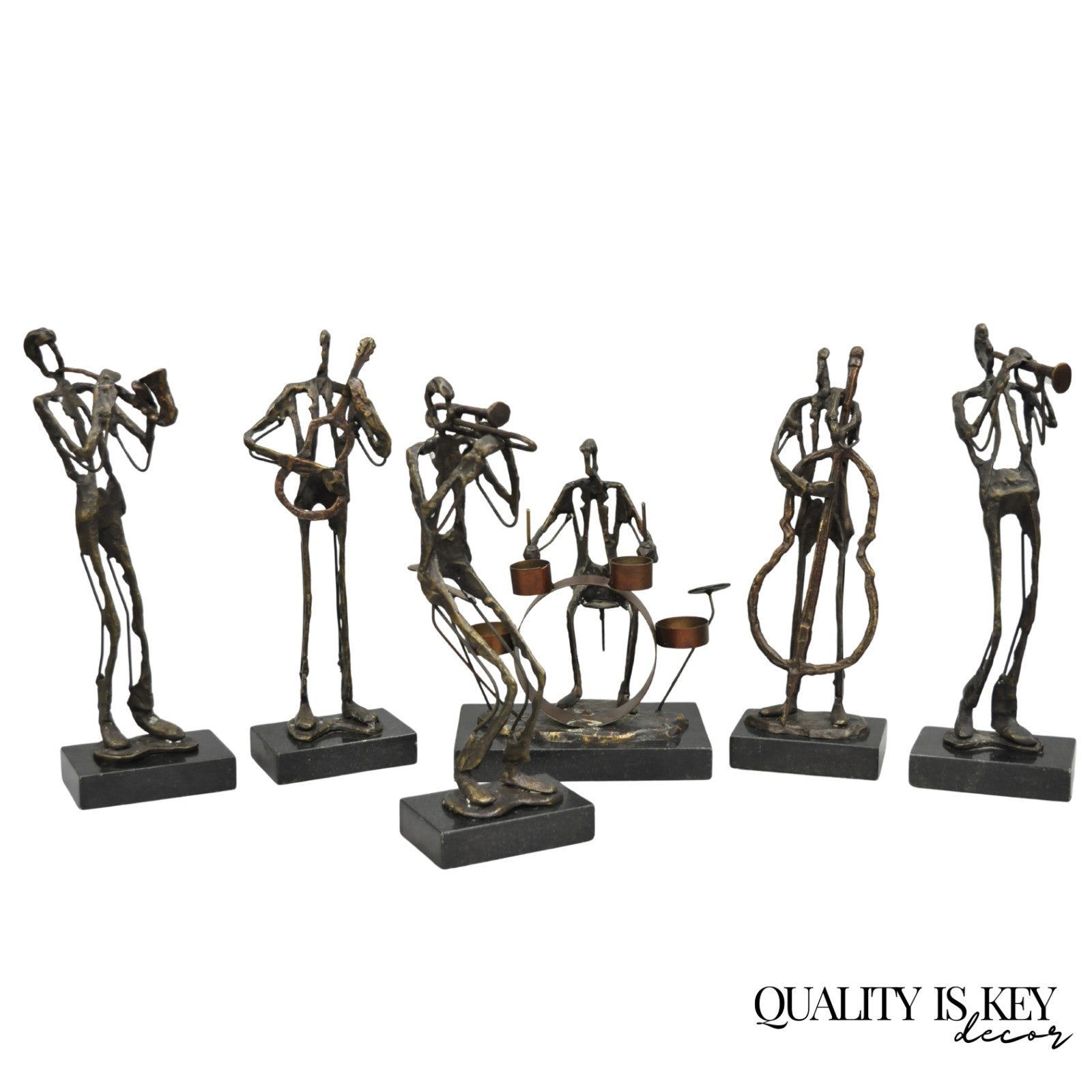 Contemporary Brutalist Style Bronze & Marble Jazz Musician Band Figures 6 Pc Set