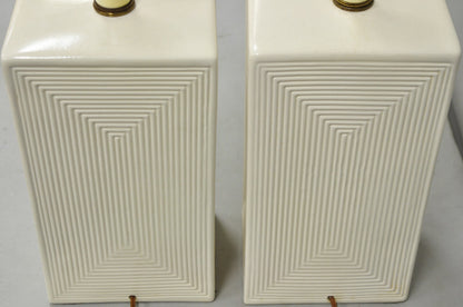 Vintage Mid Century Modern White Geometric Ceramic Cubist Table Lamps - a Pair