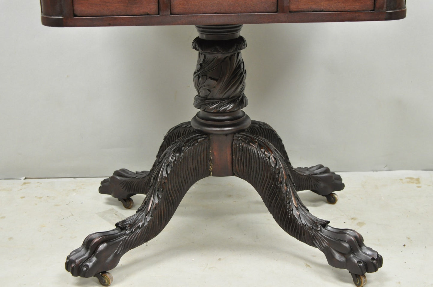 Antique American Empire Carved Paw Foot Pedestal Base Work Stand Side Table