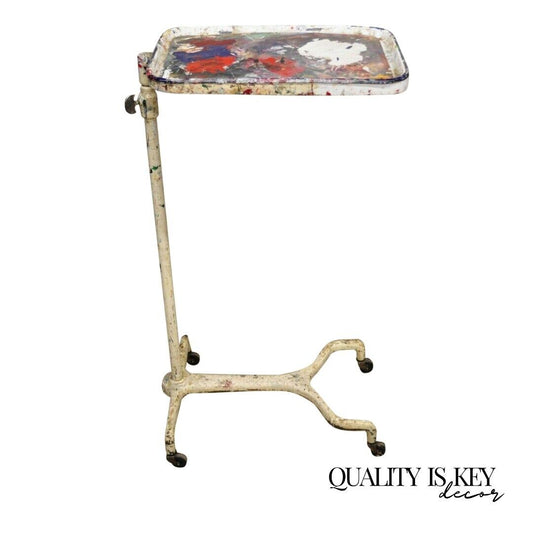 Antique Art Deco Porcelain Enamel Metal Adjustable Medical Dental Side Table