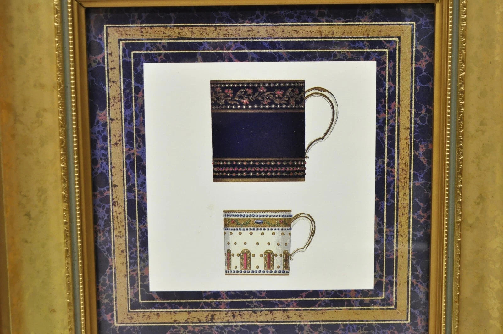 Vintage Artistic Innovations Gold Framed Wall Art Print Plate and Cups, 3 Pc Set