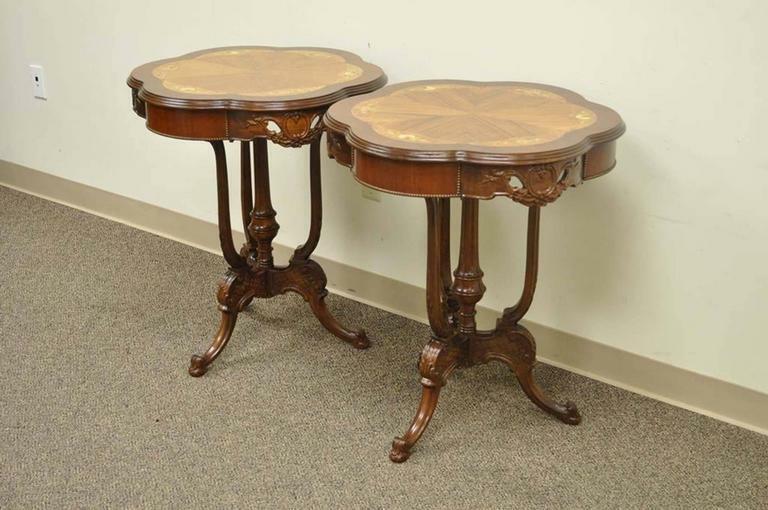 Pair Antique French Louis XV Style Floral Satinwood Inlay Walnut Lamp End Tables