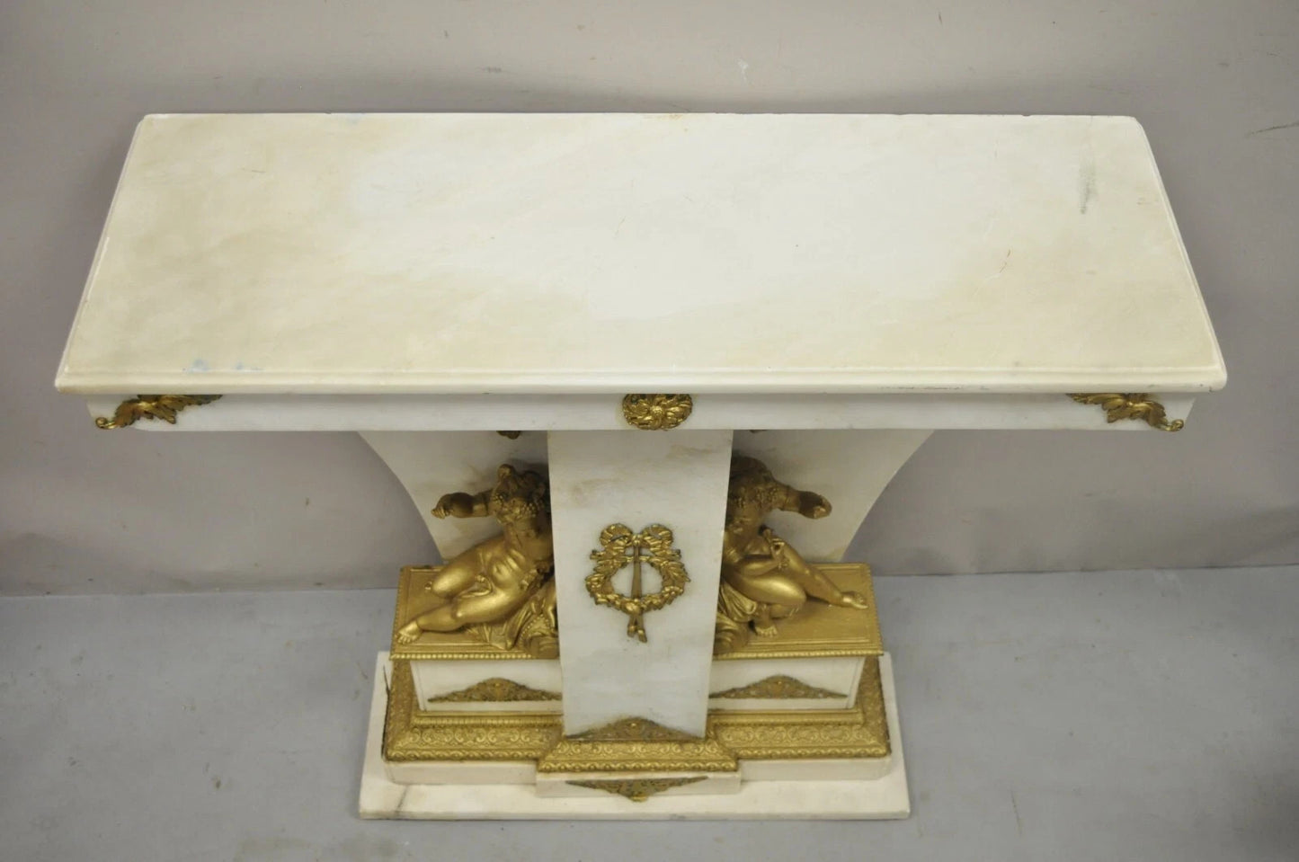 French Louis XV Style Marble & Figural Bronze Ormolu Console Table w/ Cherubs