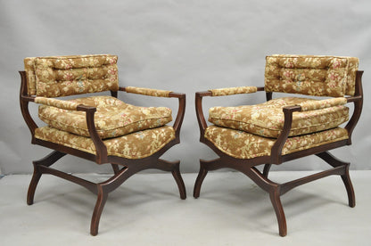 Vintage Hollywood Regency Curule Wooden X-Frame Lounge Arm Chairs - a Pair