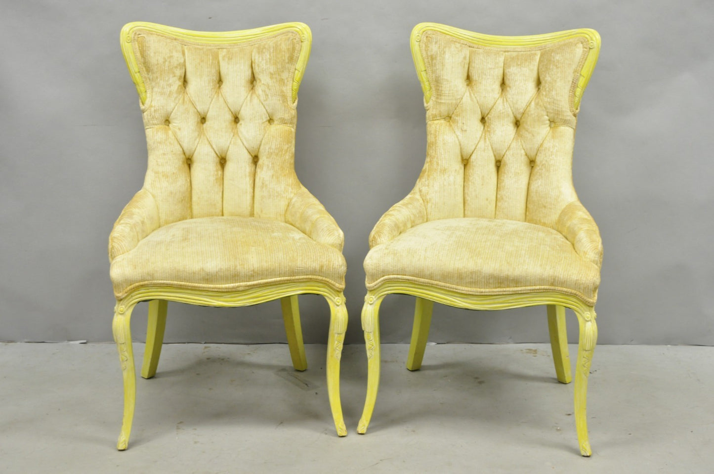Vintage French Hollywood Regency Yellow Tufted Drape Carved Side Chairs - a Pair