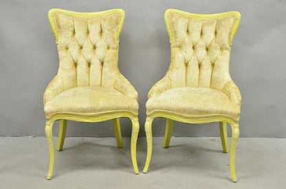 Vintage French Hollywood Regency Yellow Tufted Drape Carved Side Chairs - a Pair