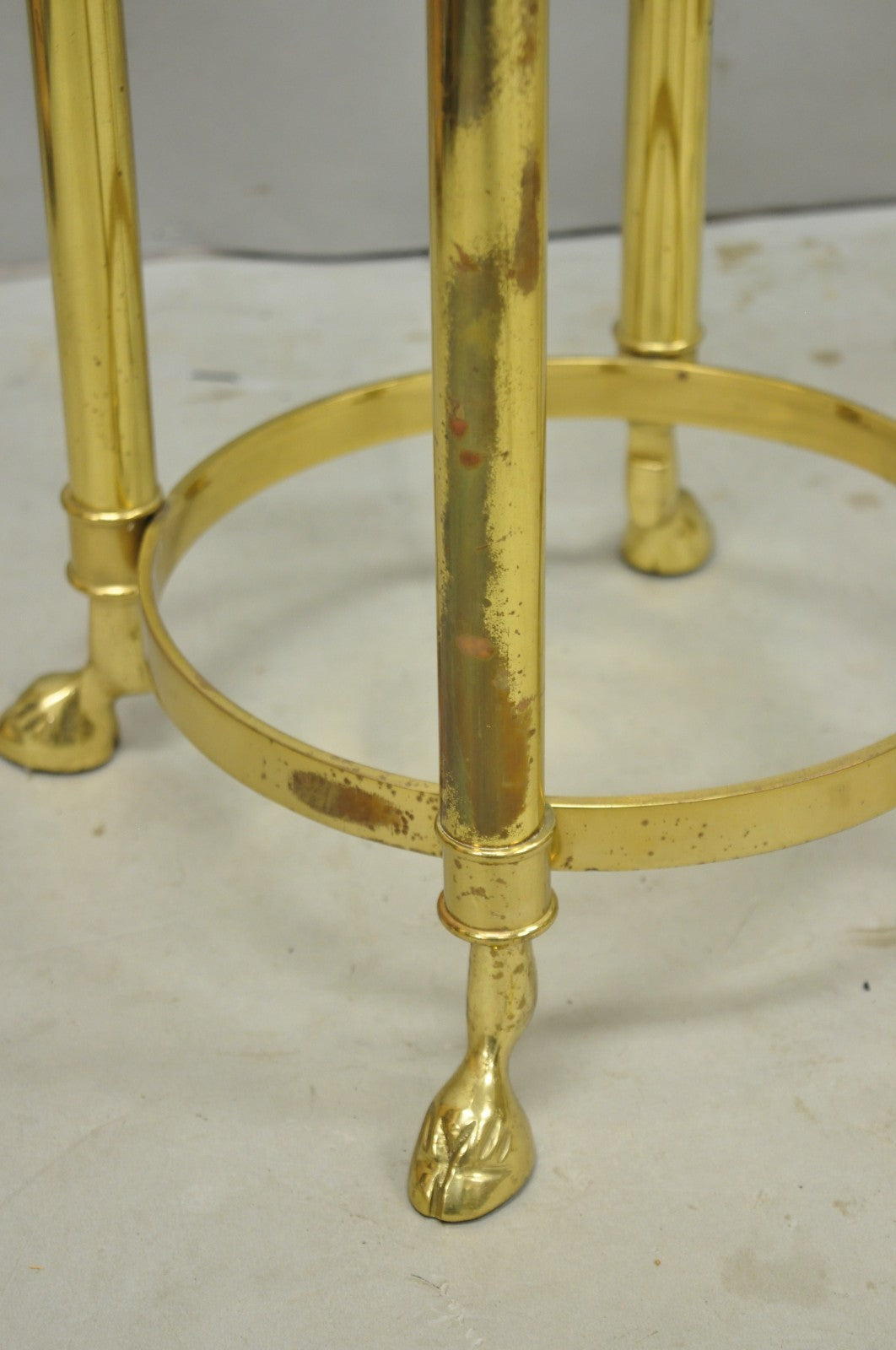 Vintage Hollywood Regency Brass Hoof Foot Glass Top Graduating Side Table - Pair
