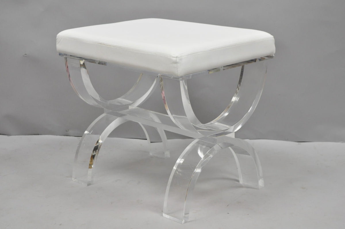 Contemporary Modern Lucite Acrylic X-Form White Vanity Bench Stool Seat