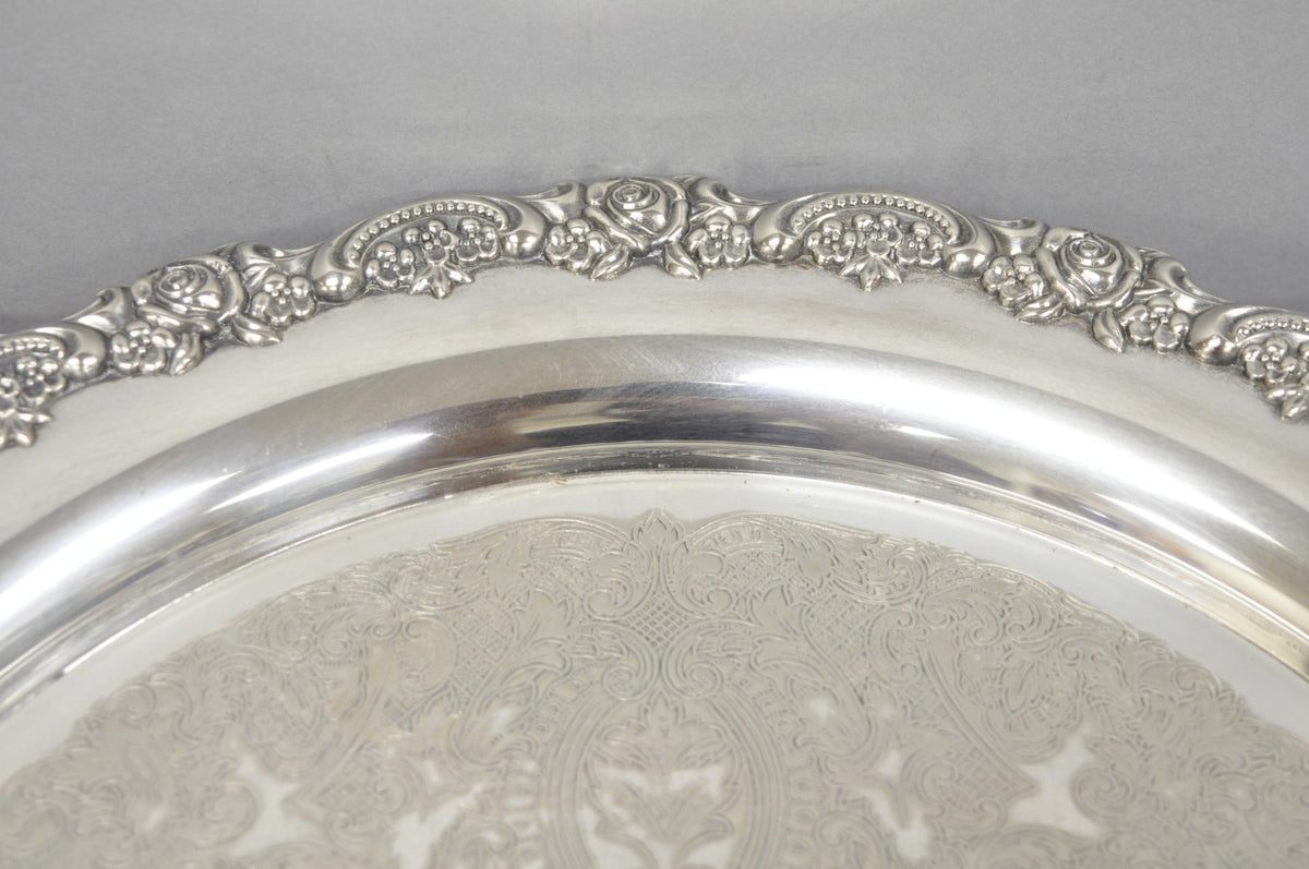 Vintage Oneida Victorian Round Silver Plated Serving Platter Tray w/ Handles