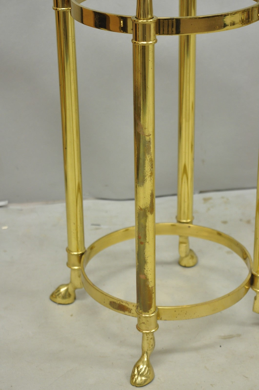 Vintage Hollywood Regency Brass Hoof Foot Glass Top Graduating Side Table - Pair