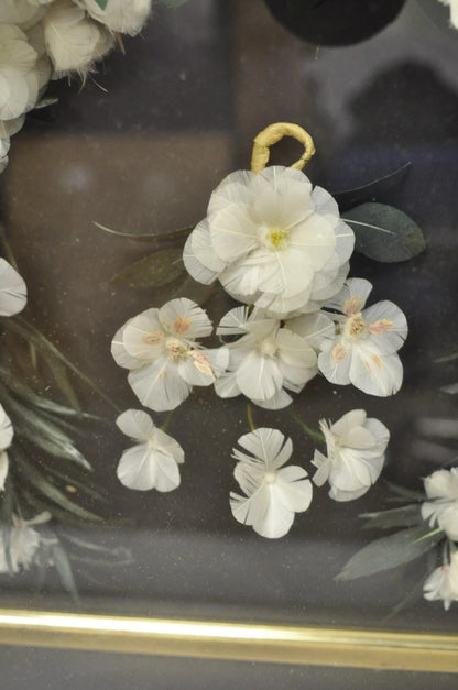 Antique Victorian White Feather Floral Mourning Wreath Mahogany Wood Shadow Box