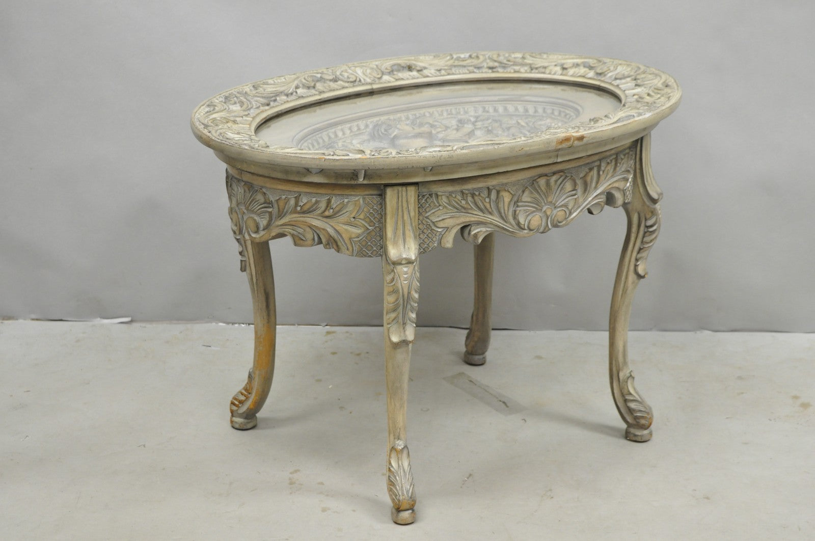 Vintage French Renaissance Walnut Gray Distress Painted Cherub Coffee Table