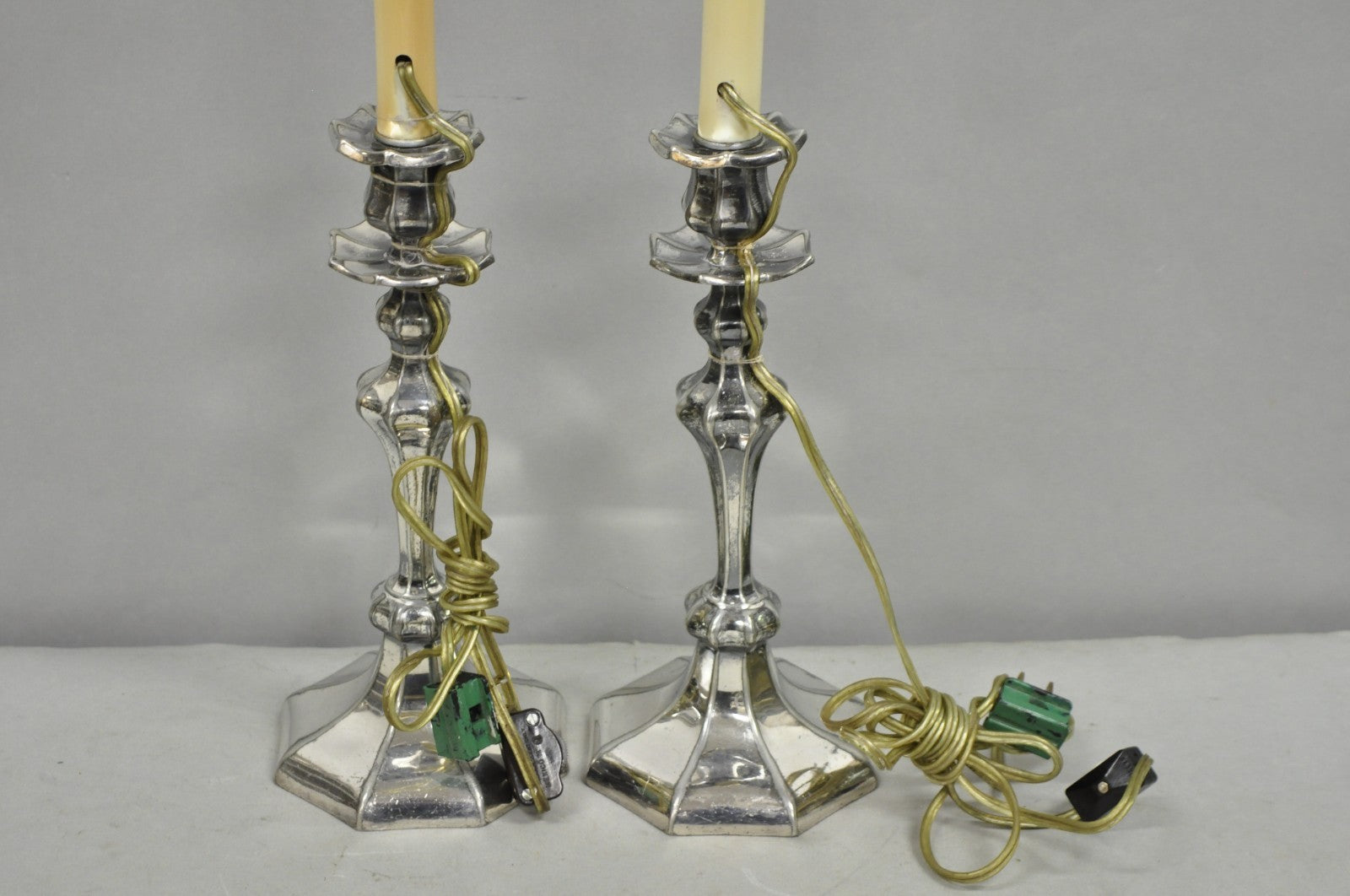 Reed & Barton Art Nouveau Silver Plated Small Candlestick Table Lamps - a Pair