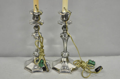 Reed & Barton Art Nouveau Silver Plated Small Candlestick Table Lamps - a Pair