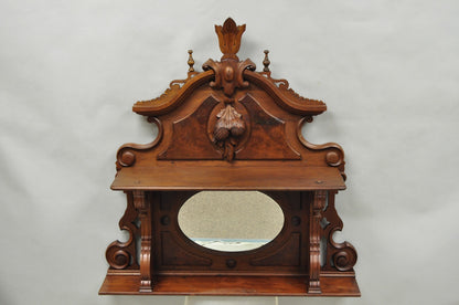 Antique Eastlake Victorian Carved Walnut Oval Mirror Sideboard Backsplash Shelf