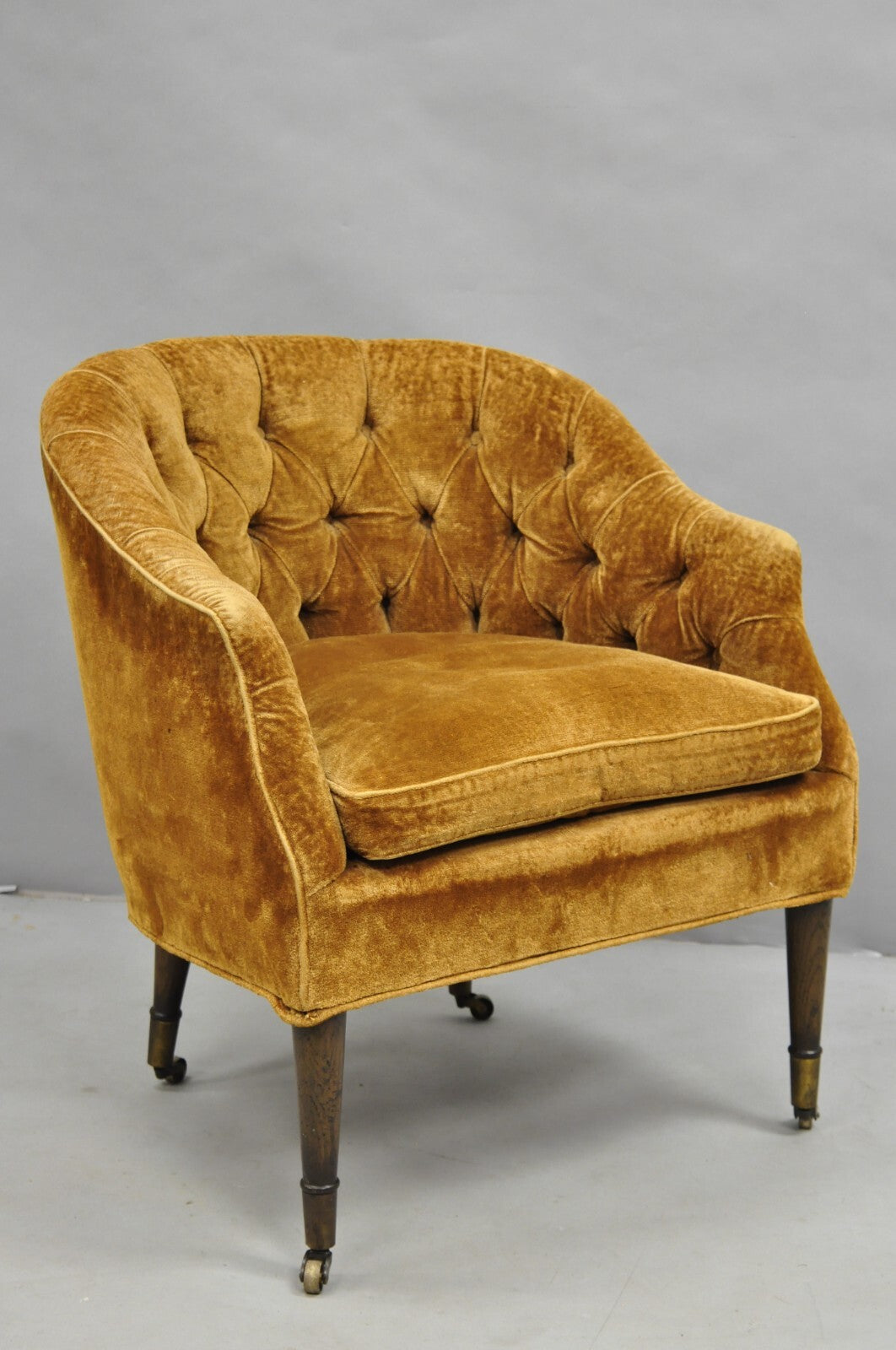 Vintage Marshall & Fields English Regency Brown Orange Barrel Back Club Chair