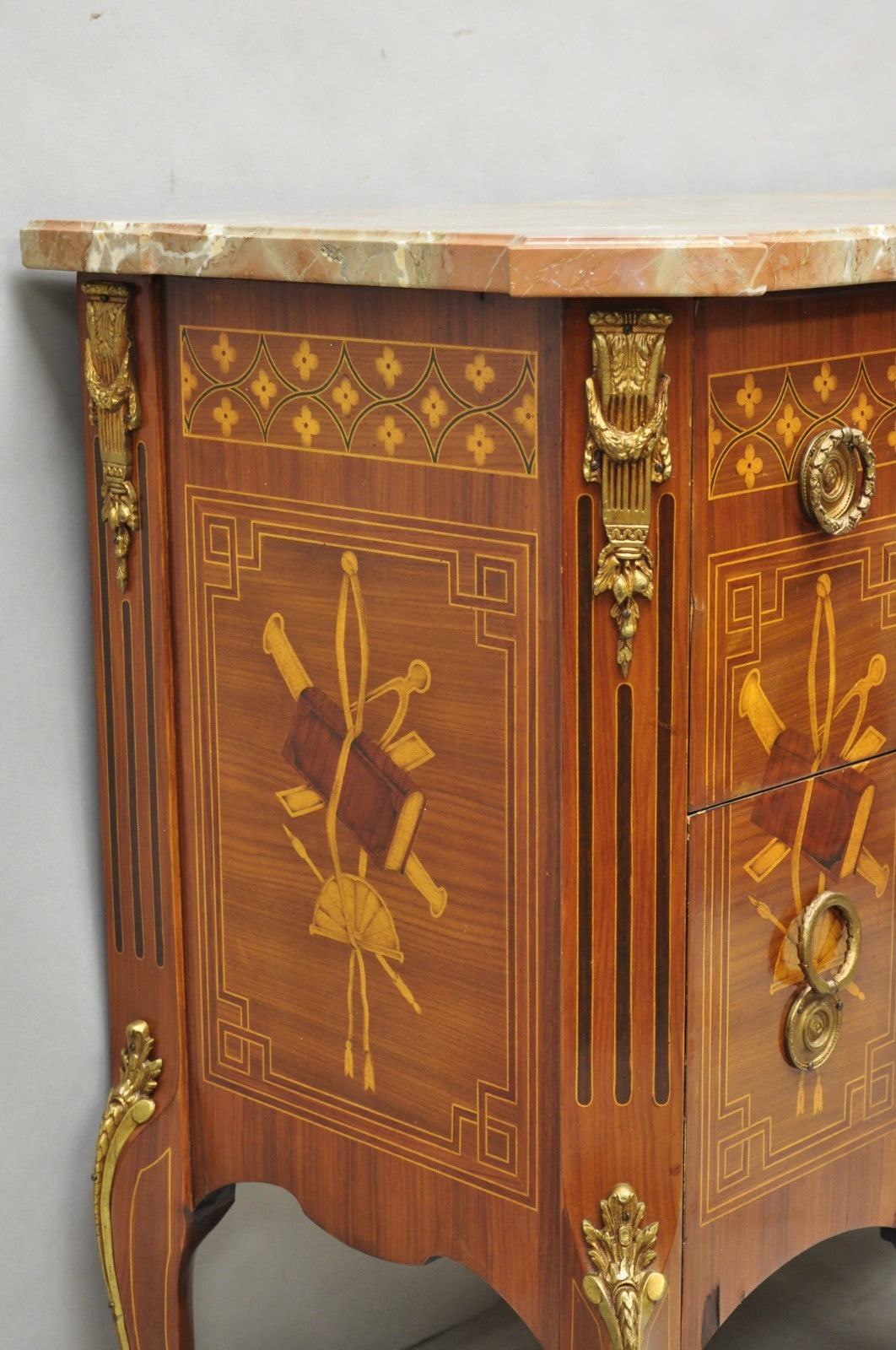 Vintage French Louis XV Style Marquetry Inlay Marble Top Commode Dresser Chest
