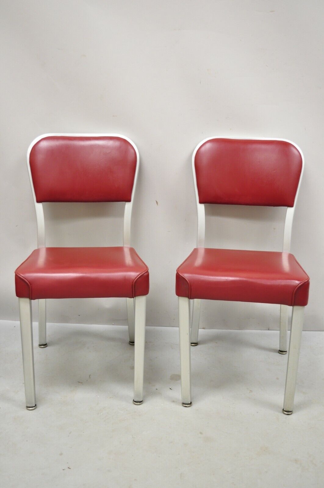 Vintage Brushed Aluminum Red Upholstered Emeco Navy Style Side Chairs -  a Pair