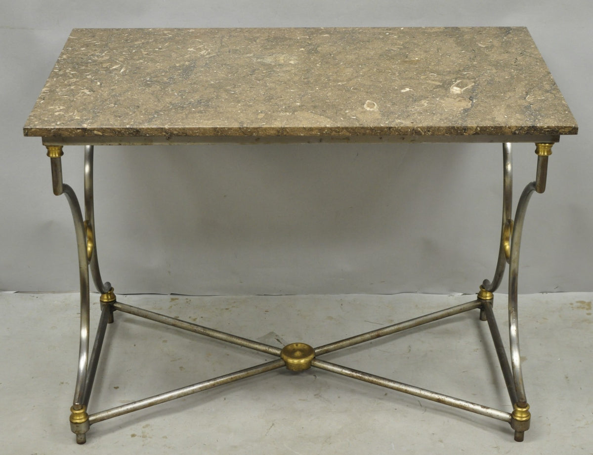 Vintage Directoire Maison Jansen Style Steel & Brass Marble Top Console Table