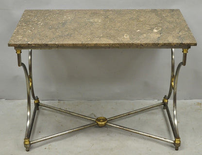 Vintage Directoire Maison Jansen Style Steel & Brass Marble Top Console Table