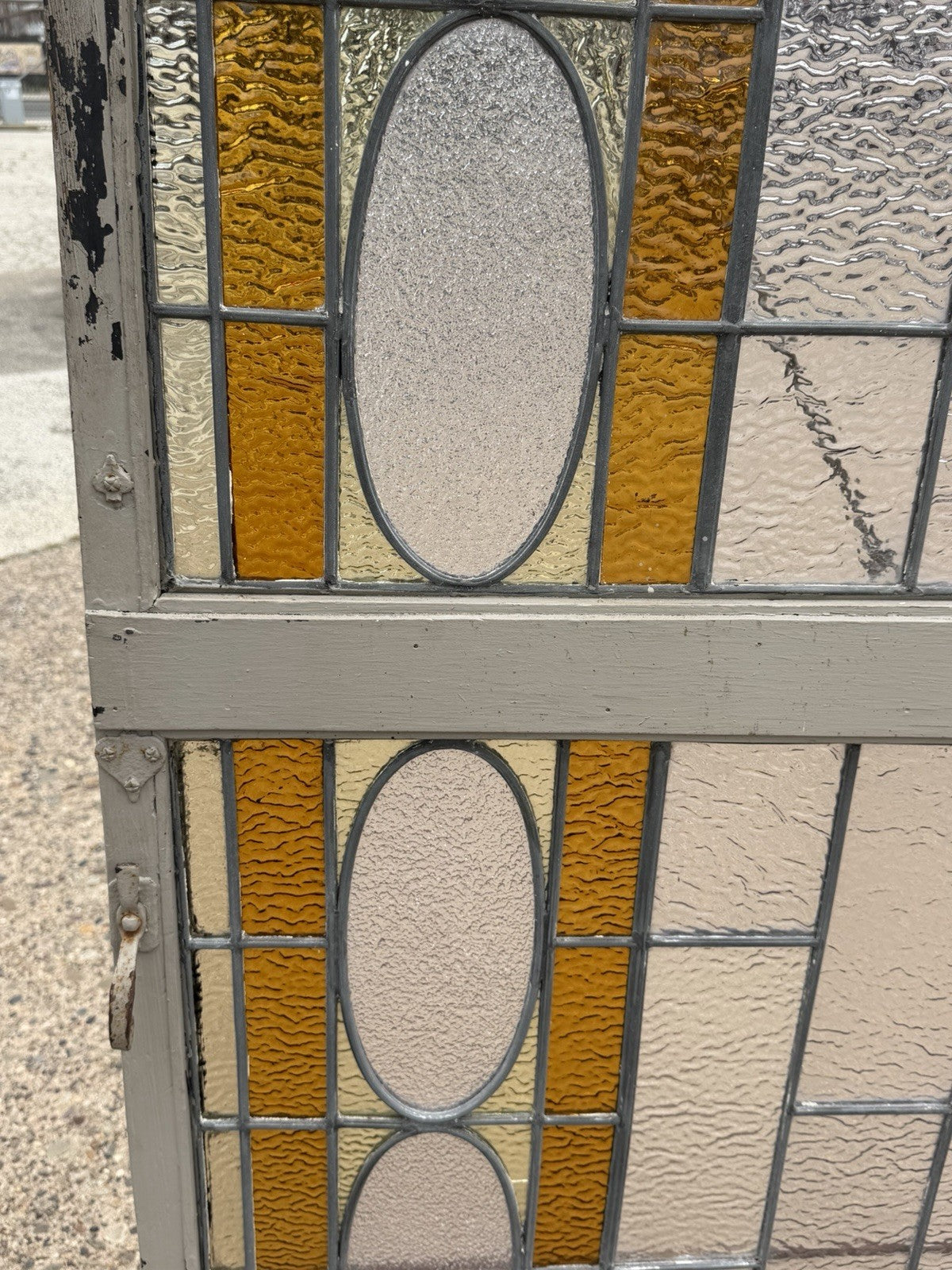 Antique Victorian Amber Stained Leaded Glass Double Window Converted to Door
