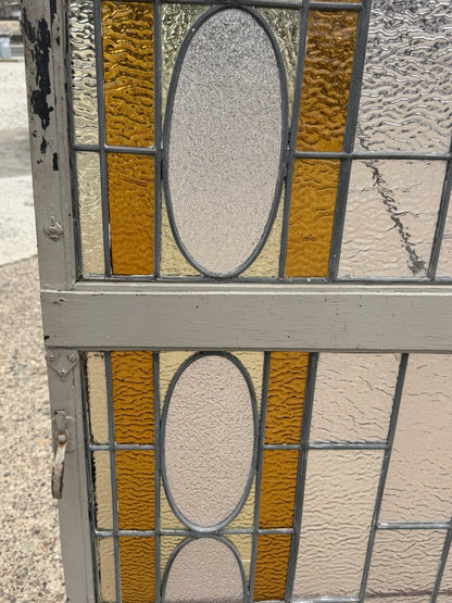 Antique Victorian Amber Stained Leaded Glass Double Window Converted to Door