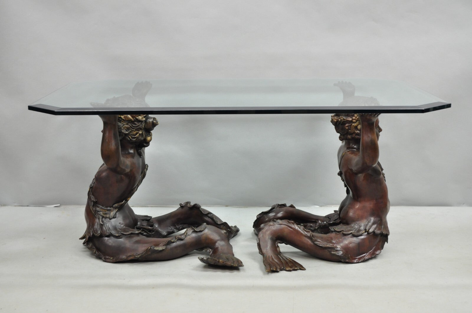 Vintage French Neoclassical Figural Bronze Merman Mermaid Glass Top Coffee Table