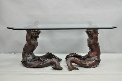 Vintage French Neoclassical Figural Bronze Merman Mermaid Glass Top Coffee Table