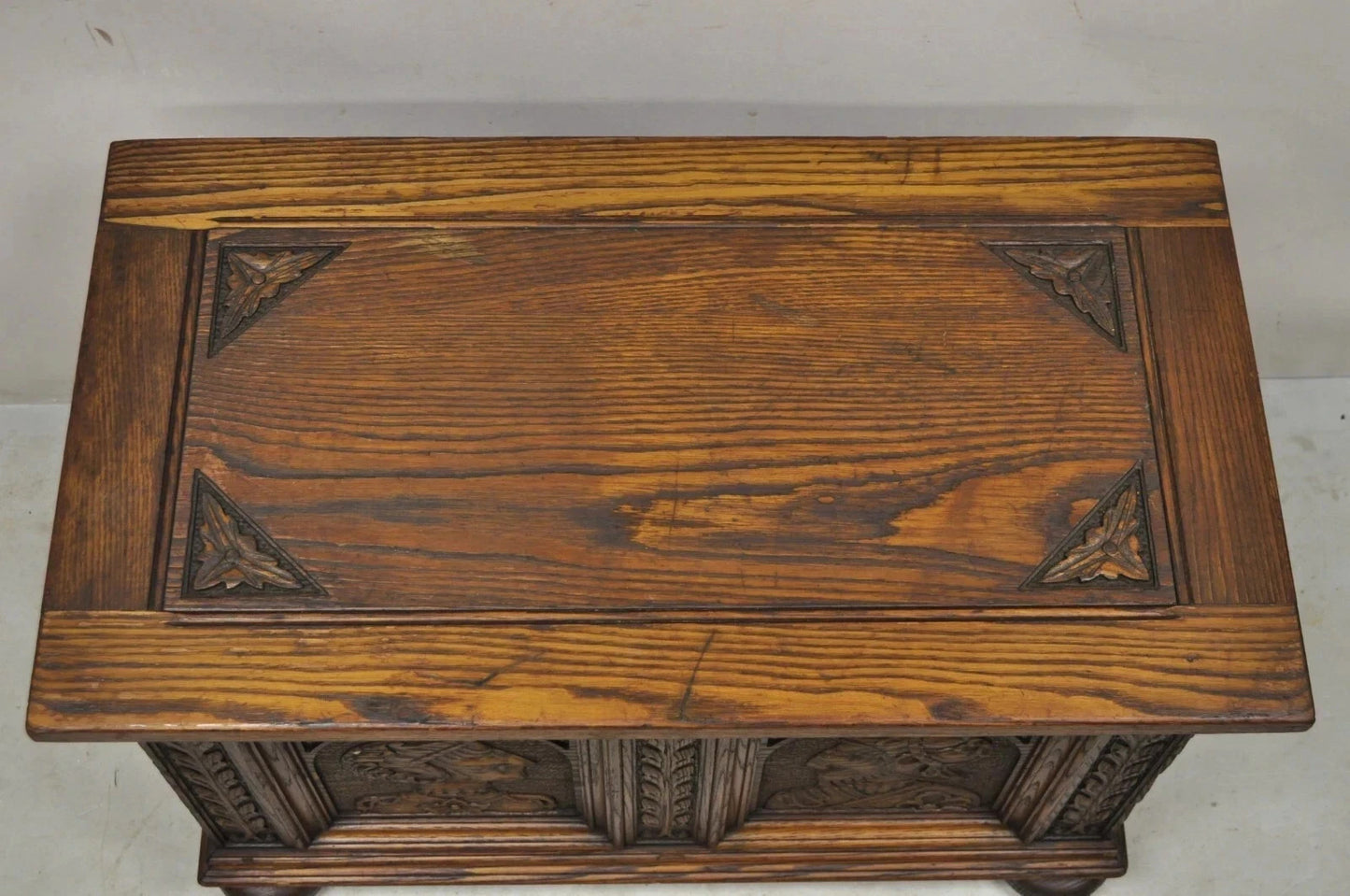 Antique Jacobean Oak Wood Figural Bust Carved Blanket Chest Trunk on Bun Feet
