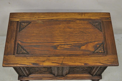 Antique Jacobean Oak Wood Figural Bust Carved Blanket Chest Trunk on Bun Feet