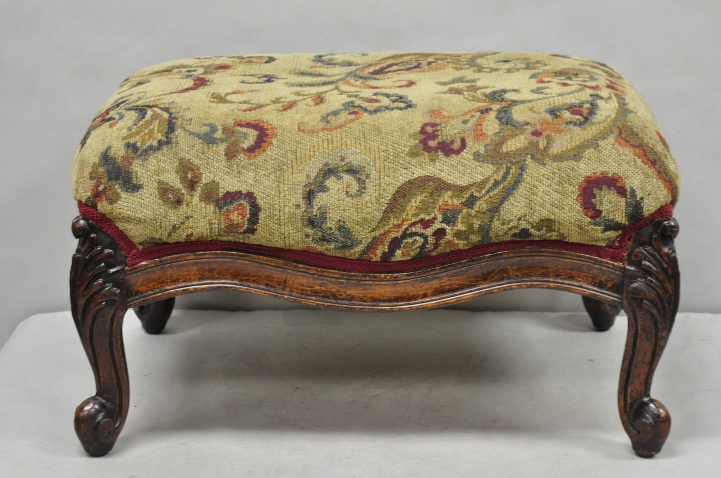 Antique French Louis XV Style Victorian Carved Mahogany Ottoman Footstool