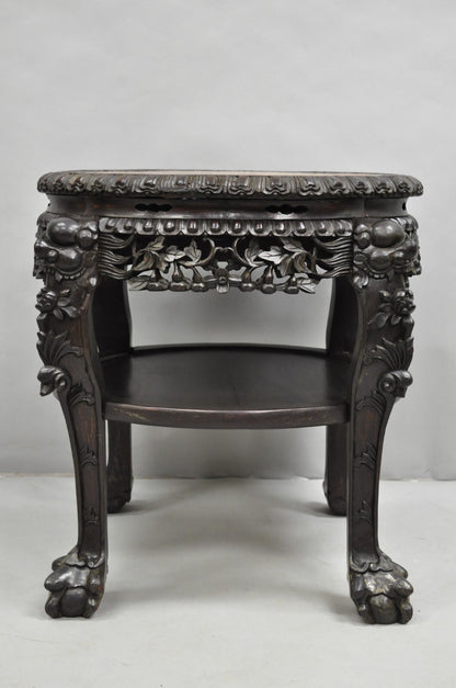 Antique Chinese Carved Hardwood Marble Top Pedestal Plant Stand Low Side Table