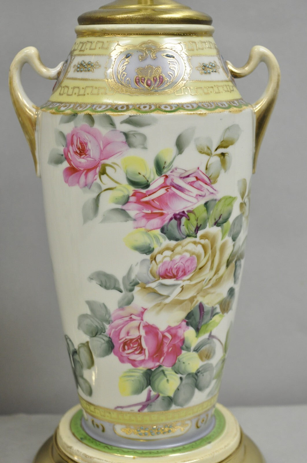 Antique French Victorian Hand Painted Porcelain Pink Rose Table Lamps - a Pair